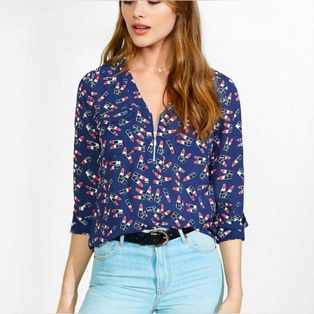 NWOT Express Navy Lipstick Front Zip Blouse, Sz: S